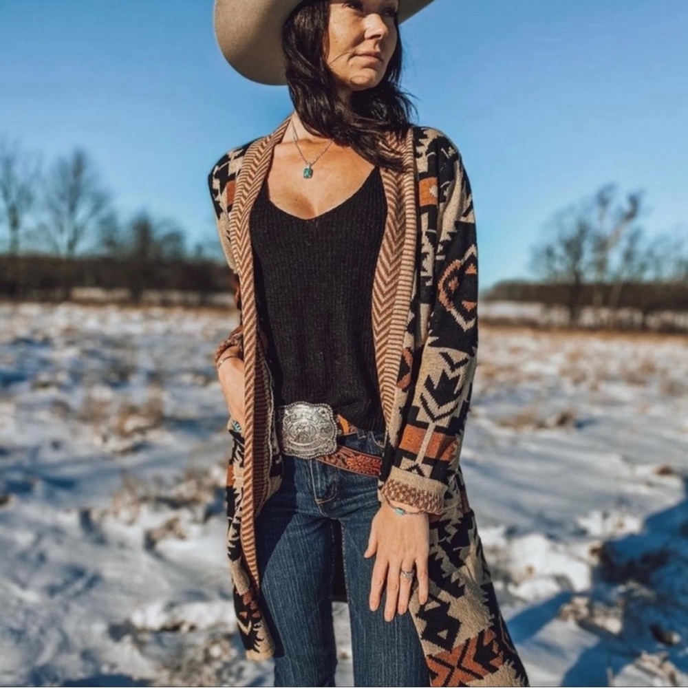 Native Print Cardigan Boho Tribal Print Long Sweater Western Pocketed
